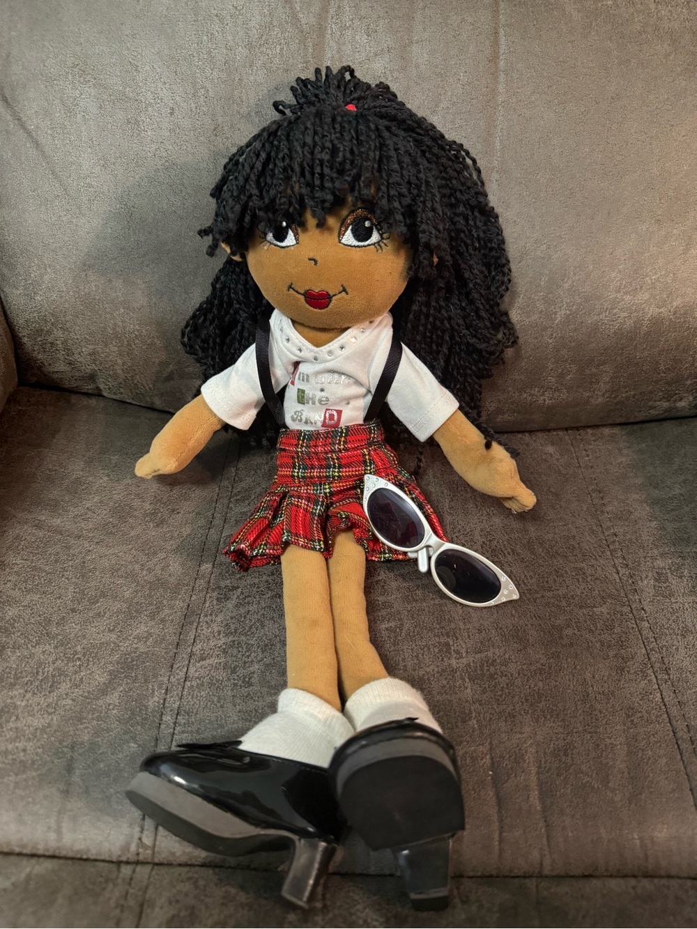 Build-A-Bear Black-Haired Doll with Red Plaid Skirt and White Top